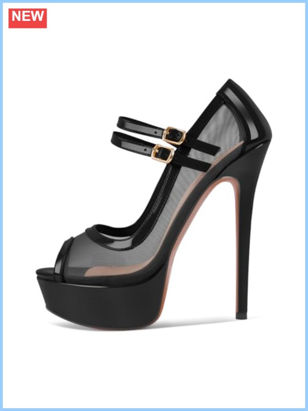 Platform Sandals Ankle Strap Stiletto High Heels Open Toe Peep Toe Mesh Leather